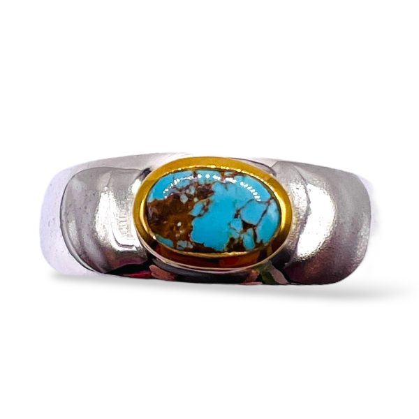 Persian Turquoise Brown Matrix Ring Silver & Gold, sz 9