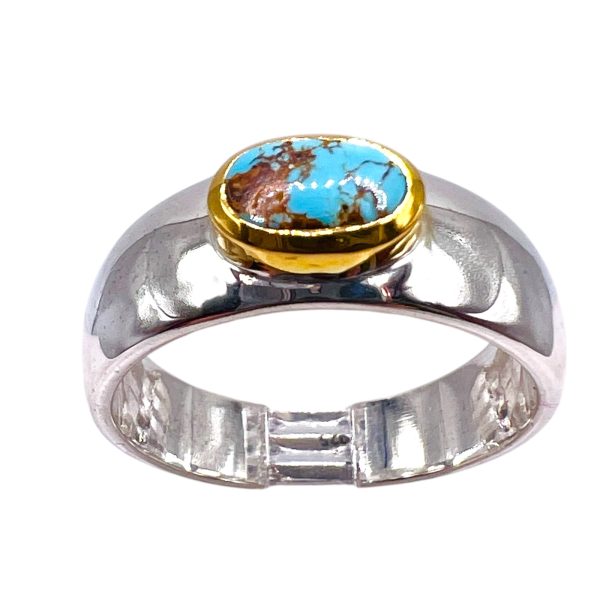 Persian Turquoise Brown Matrix Ring Silver & Gold, sz 9 - Image 4