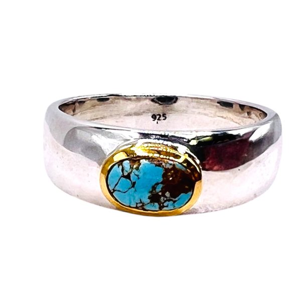 Persian Turquoise Brown Matrix Ring Silver & Gold, sz 9 - Image 8