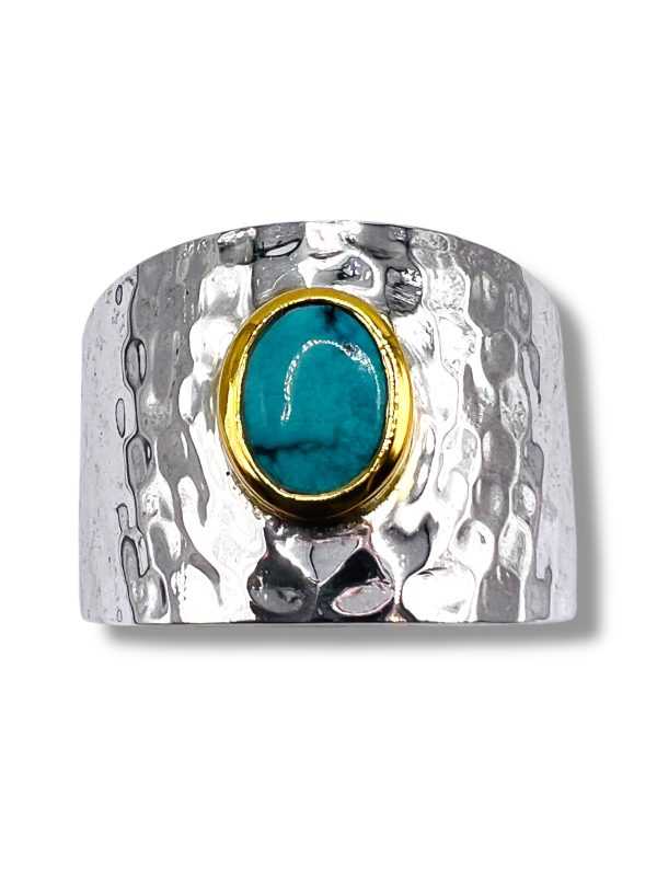 Turquoise Wide Band Ring | Hammered Silver & Gold, sz 9,10