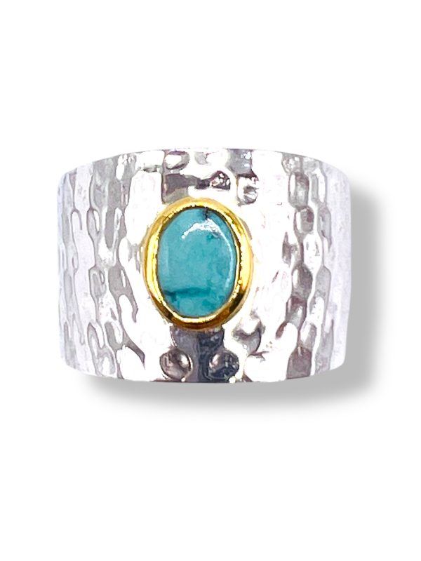 Turquoise Wide Band Ring | Hammered Silver & Gold, sz 9,10 - Image 11