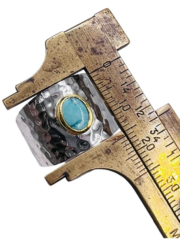 Turquoise Wide Band Ring | Hammered Silver & Gold, sz 9,10 - Image 8