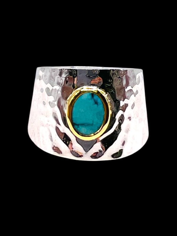 Turquoise Wide Band Ring | Hammered Silver & Gold, sz 9,10 - Image 2