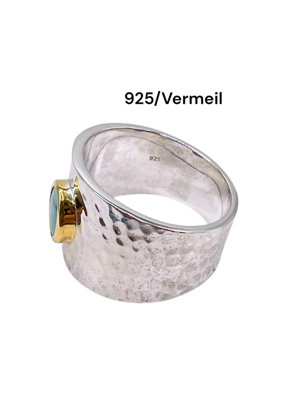 Turquoise Wide Band Ring | Hammered Silver & Gold, sz 9,10 - Image 3