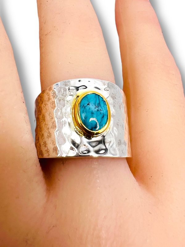 Turquoise Wide Band Ring | Hammered Silver & Gold, sz 9,10 - Image 12