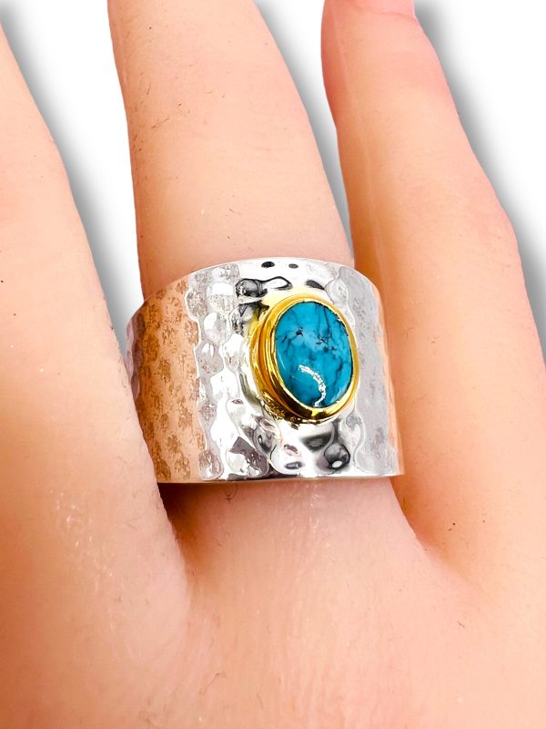 Turquoise Wide Band Ring | Hammered Silver & Gold, sz 9,10 - Image 13