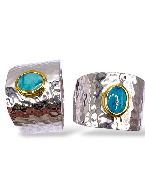 Turquoise Wide Band Ring | Hammered Silver & Gold, sz 9,10 - Image 14