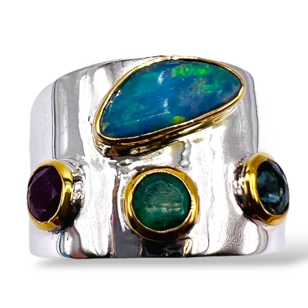 Opal Sapphire Emerald Ruby Ring | 925 Silver & Vermeil, sz 7