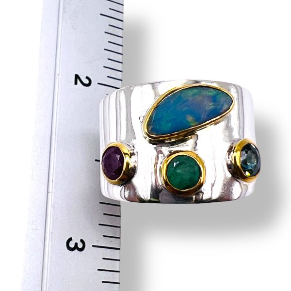 Opal Sapphire Emerald Ruby Ring | 925 Silver & Vermeil, sz 7 - Image 12