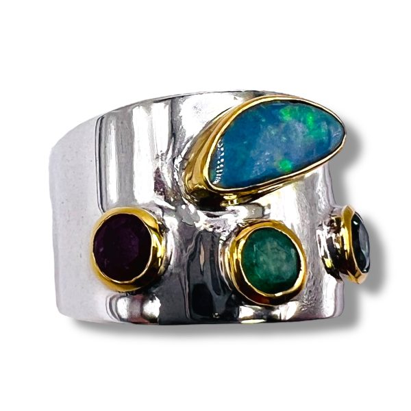 Opal Sapphire Emerald Ruby Ring | 925 Silver & Vermeil, sz 7 - Image 11