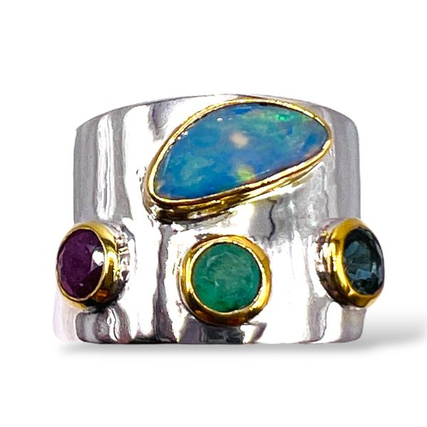 Opal Sapphire Emerald Ruby Ring | 925 Silver & Vermeil, sz 7 - Image 13