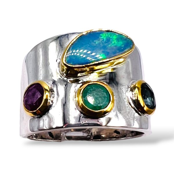 Opal Sapphire Emerald Ruby Ring | 925 Silver & Vermeil, sz 7 - Image 4