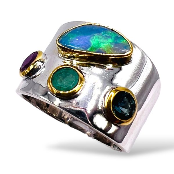 Opal Sapphire Emerald Ruby Ring | 925 Silver & Vermeil, sz 7 - Image 2