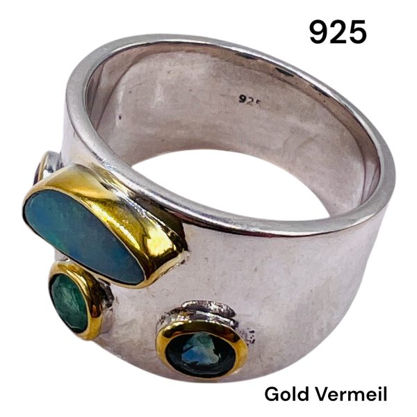 Opal Sapphire Emerald Ruby Ring | 925 Silver & Vermeil, sz 7 - Image 3