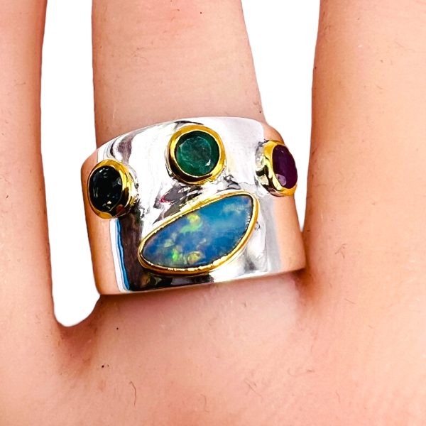 Opal Sapphire Emerald Ruby Ring | 925 Silver & Vermeil, sz 7 - Image 5