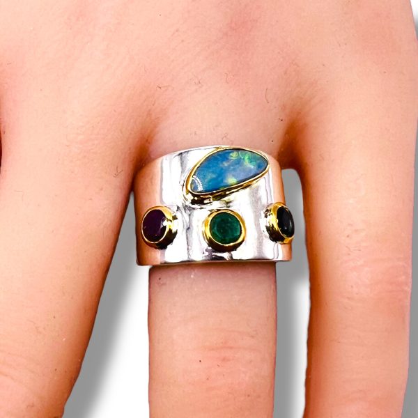 Opal Sapphire Emerald Ruby Ring | 925 Silver & Vermeil, sz 7 - Image 6