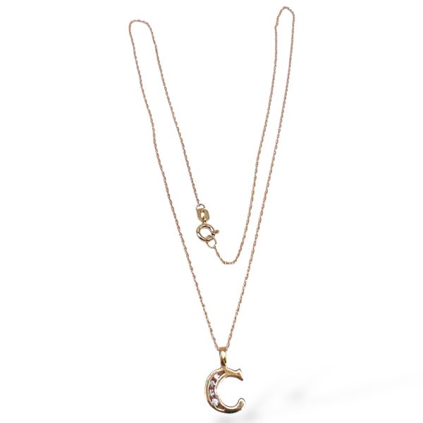 10k Yellow Gold Initial Necklace ‘C’ Letter with Diamonds - Image 3