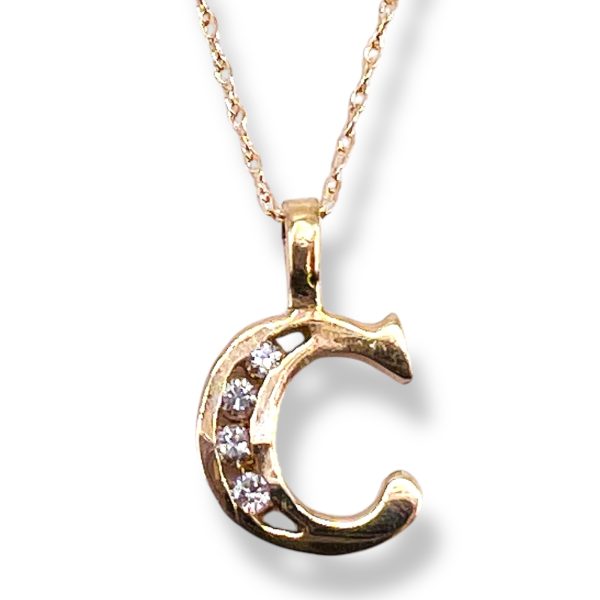 10k Yellow Gold Initial Necklace ‘C’ Letter with Diamonds