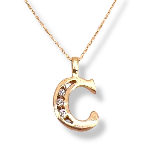 10k Yellow Gold Initial Necklace ‘C’ Letter with Diamonds - Image 4