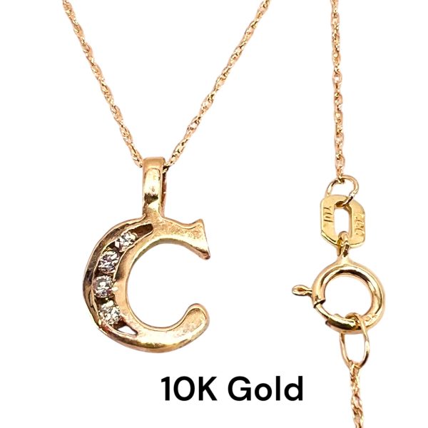 10k Yellow Gold Initial Necklace ‘C’ Letter with Diamonds - Image 2