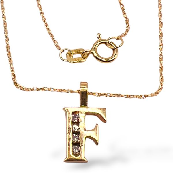 10k Yellow Gold Initial Necklace ‘F’ Letter with Diamonds - Image 4