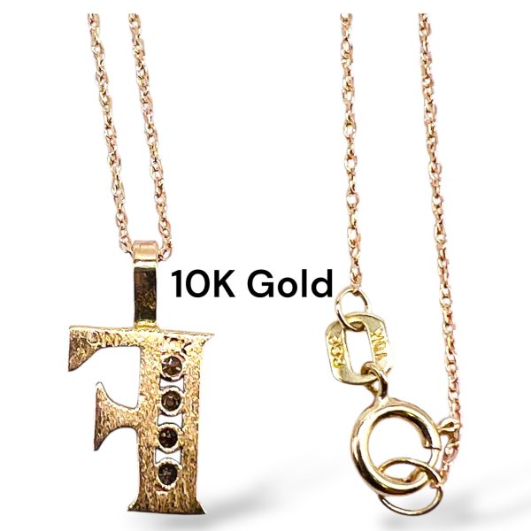 10k Yellow Gold Initial Necklace ‘F’ Letter with Diamonds - Image 2