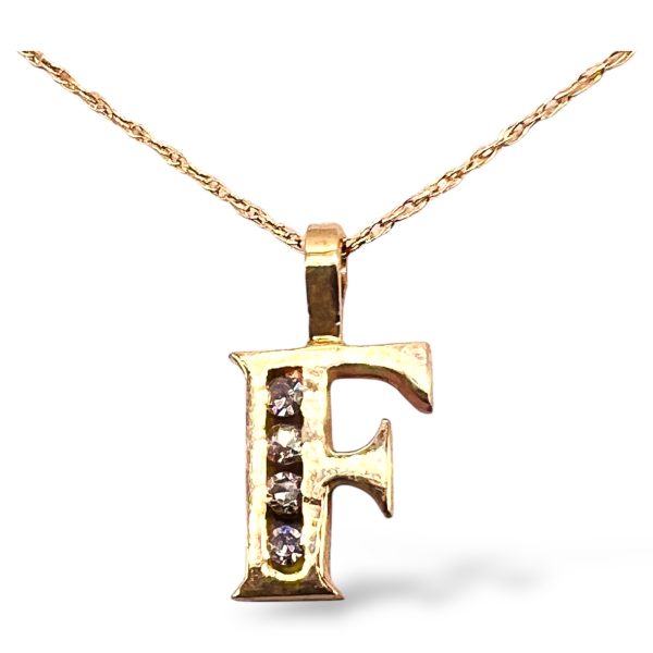 10k Yellow Gold Initial Necklace ‘F’ Letter with Diamonds