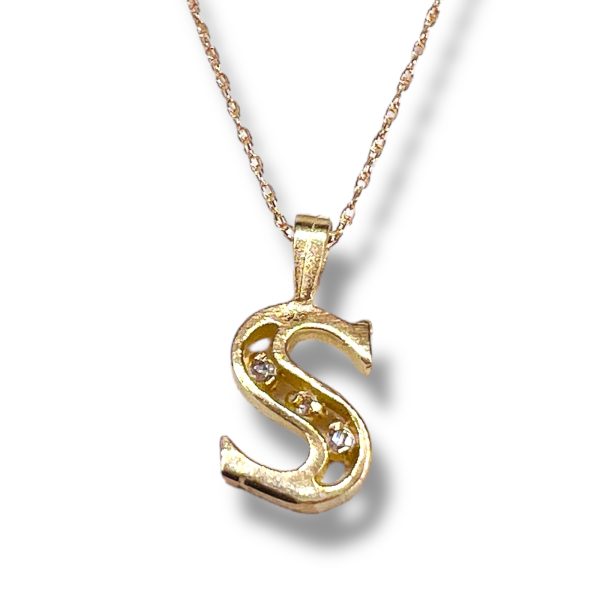 10k Yellow Gold Initial Necklace 'S' Letter with Diamonds