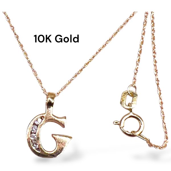 10k Yellow Gold Initial Necklace ‘G’ Letter with Diamonds - Image 2