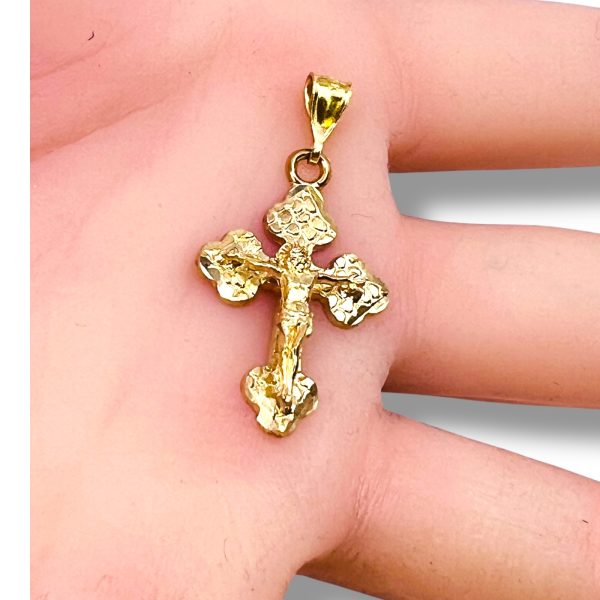 10k Solid Yellow Gold Crucifix Pendant Engraved Design - Image 9