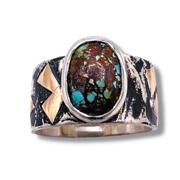 Blackened Silver Gold Accent Persian Turquoise Ring, sz 7 - Image 2