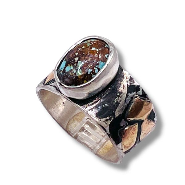 Blackened Silver Gold Accent Persian Turquoise Ring, sz 7 - Image 4