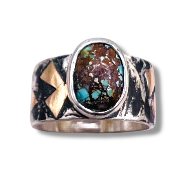 Blackened Silver Gold Accent Persian Turquoise Ring, sz 7