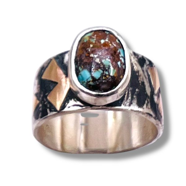 Blackened Silver Gold Accent Persian Turquoise Ring, sz 7 - Image 5