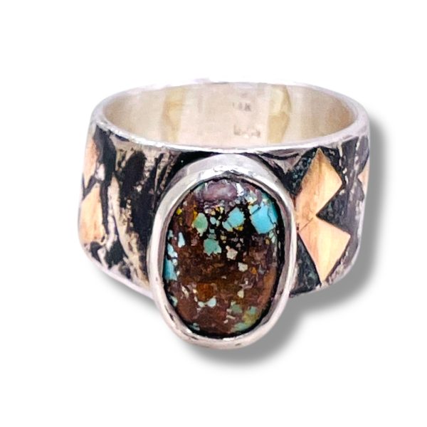 Blackened Silver Gold Accent Persian Turquoise Ring, sz 7 - Image 9