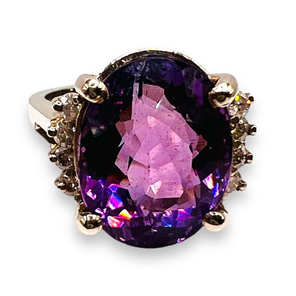 13k White Gold Amethyst Ring Diamond Accent, sz 6.5 Vintage - Image 9