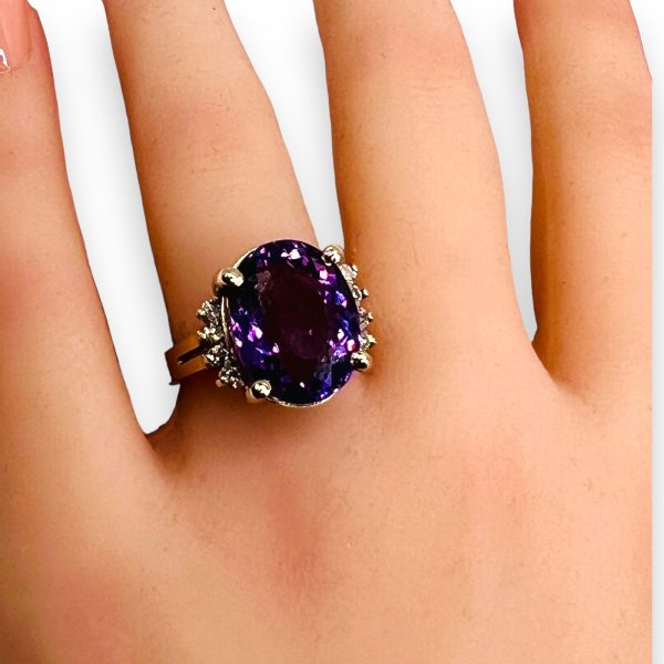 13k White Gold Amethyst Ring Diamond Accent, sz 6.5 Vintage - Image 12