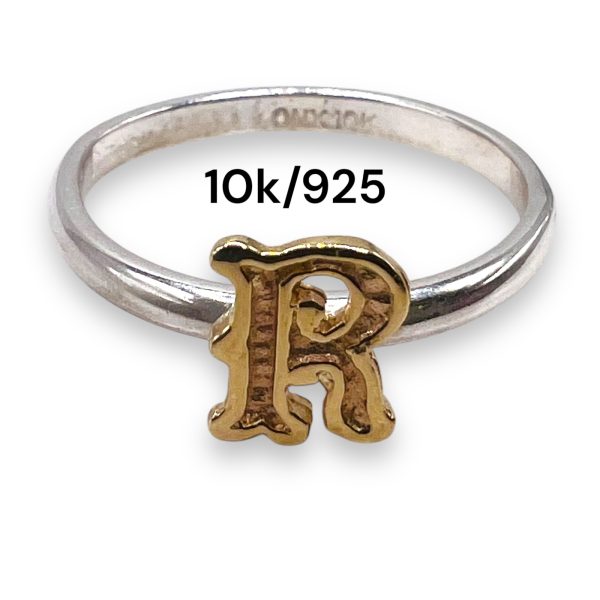 Initial Ring "R" 10k Gold Letter | 1.5mm Silver Band - Image 5