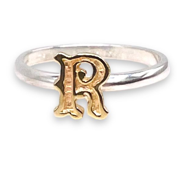 Initial Ring "R" 10k Gold Letter | 1.5mm Silver Band - Image 7