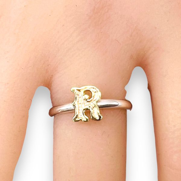 Initial Ring "R" 10k Gold Letter | 1.5mm Silver Band - Image 9