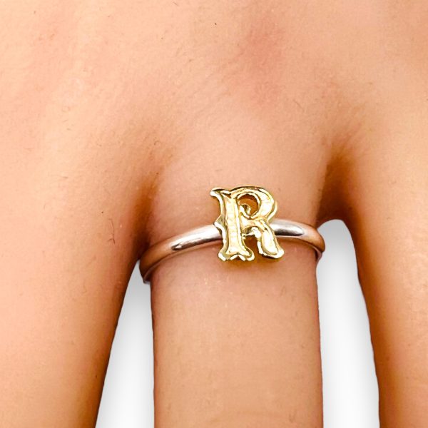 Initial Ring "R" 10k Gold Letter | 1.5mm Silver Band - Image 10