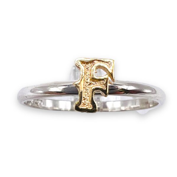 Initial Ring 'F' 10k Gold Letter, sz 12 | 1.5mm Silver Band