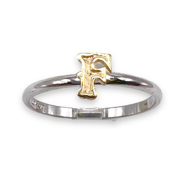 Initial Ring 'F' 10k Gold Letter, sz 12 | 1.5mm Silver Band - Image 2