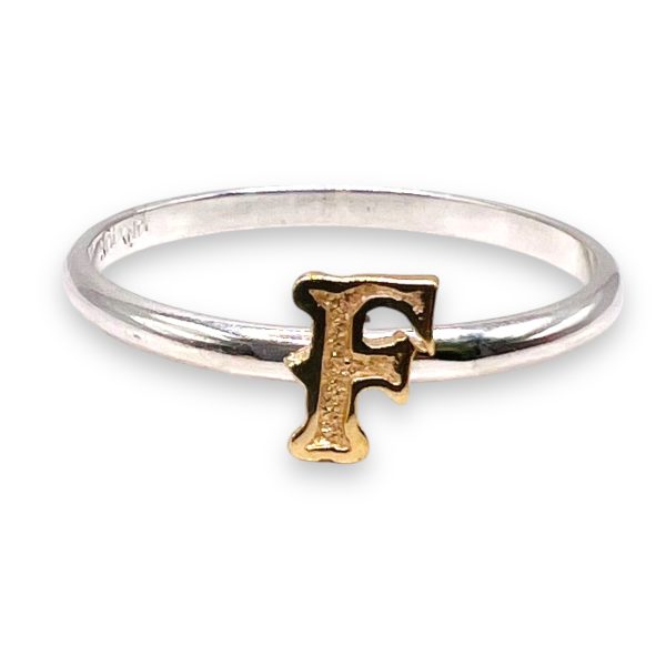 Initial Ring 'F' 10k Gold Letter, sz 12 | 1.5mm Silver Band - Image 5