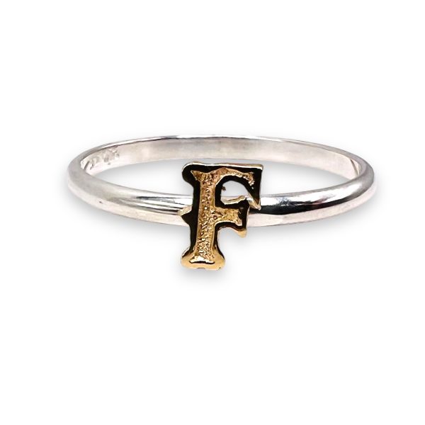 Initial Ring 'F' 10k Gold Letter, sz 12 | 1.5mm Silver Band - Image 6