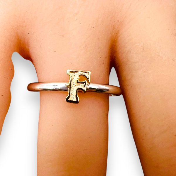 Initial Ring 'F' 10k Gold Letter, sz 12 | 1.5mm Silver Band - Image 7