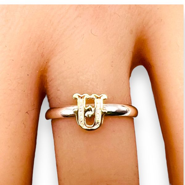 Initial Ring "U" 10k Gold Letter, sz 6.25 | 1.5mm Silver Band - Image 9