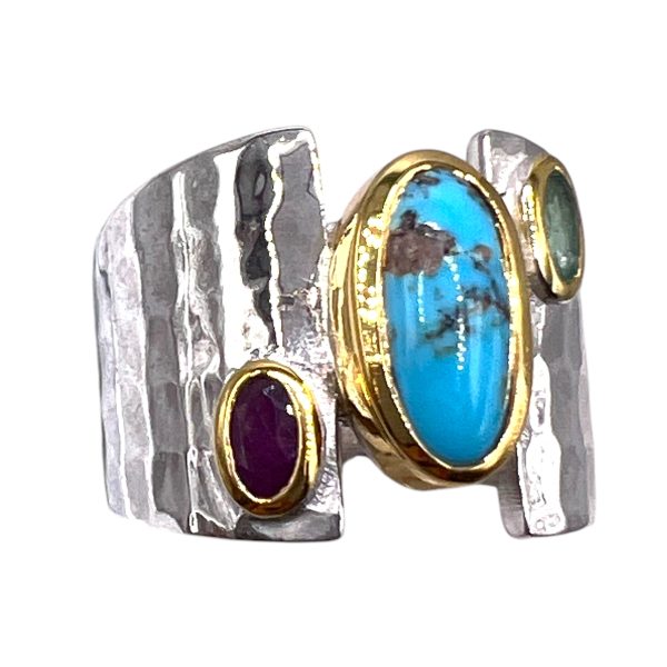 Artisan Wide Band Ruby, Emerald Turquoise Ring - Image 3