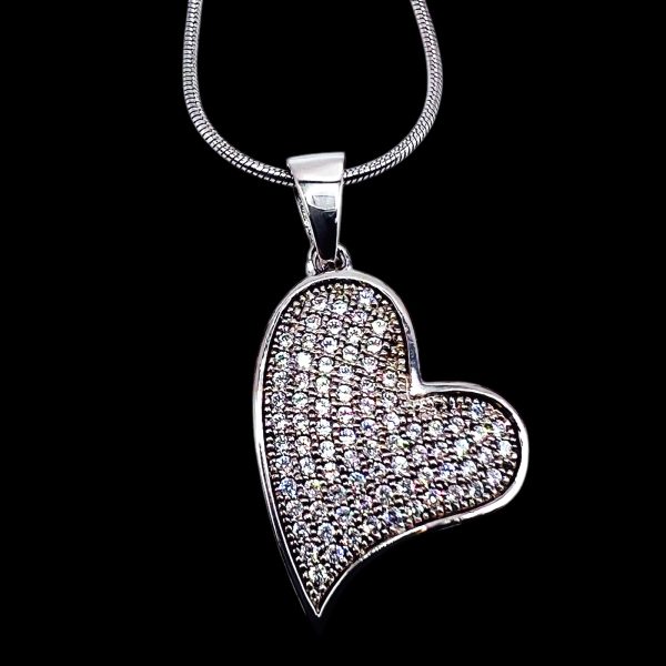 Sterling Silver Cubic Zirconia Tilted Heart Pendant Necklace - Image 2