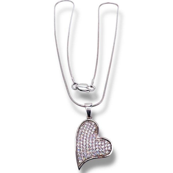 Sterling Silver Cubic Zirconia Tilted Heart Pendant Necklace